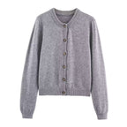 Round neck solid color long sleeved knitted cardigan jacket