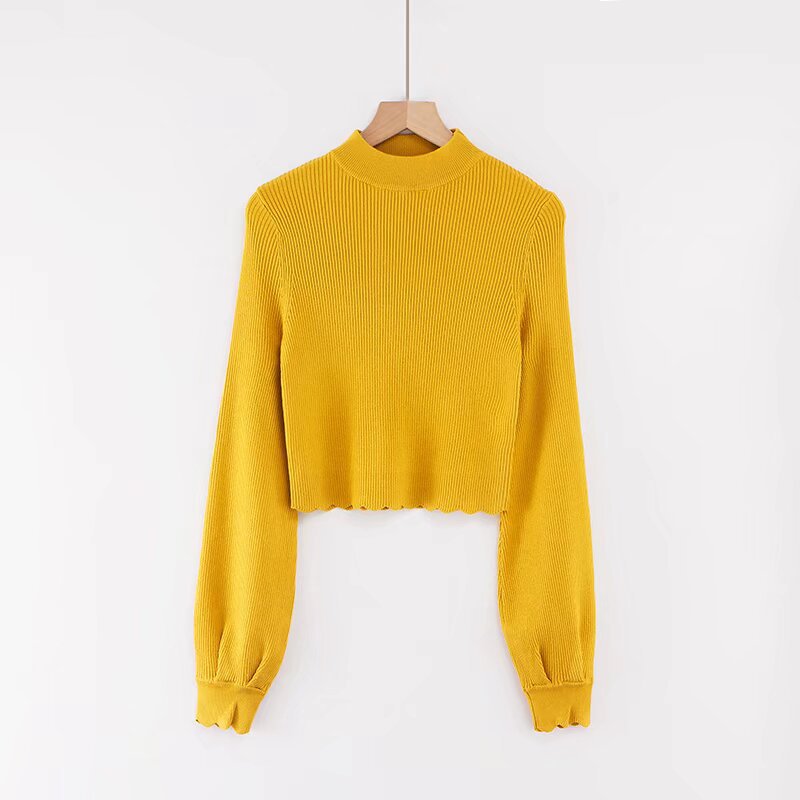 Long sleeved half high neck lotus leaf sweater