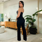Style Summer Rhinestone Bodysuit, Sexy Strapless, Unique Straight Fit Solid Color Long Pants for Women