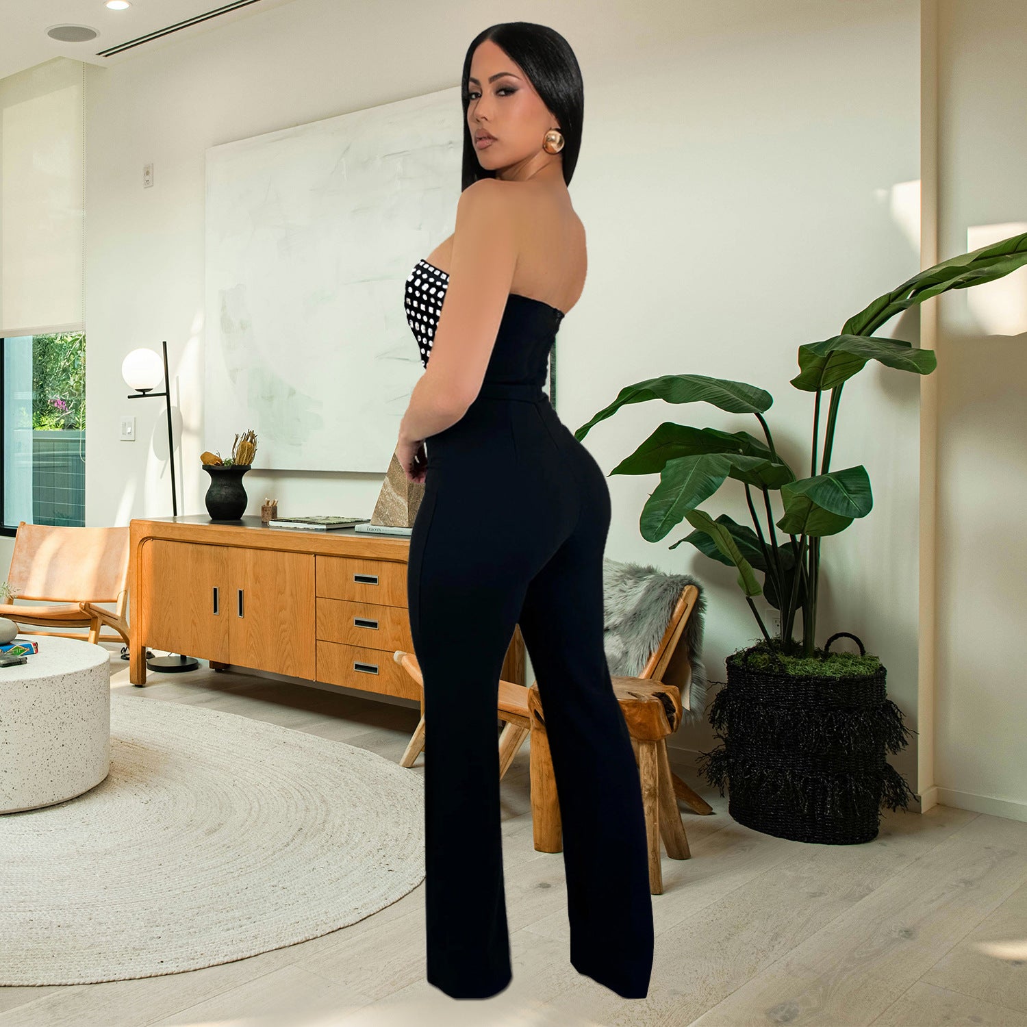 Style Summer Rhinestone Bodysuit, Sexy Strapless, Unique Straight Fit Solid Color Long Pants for Women