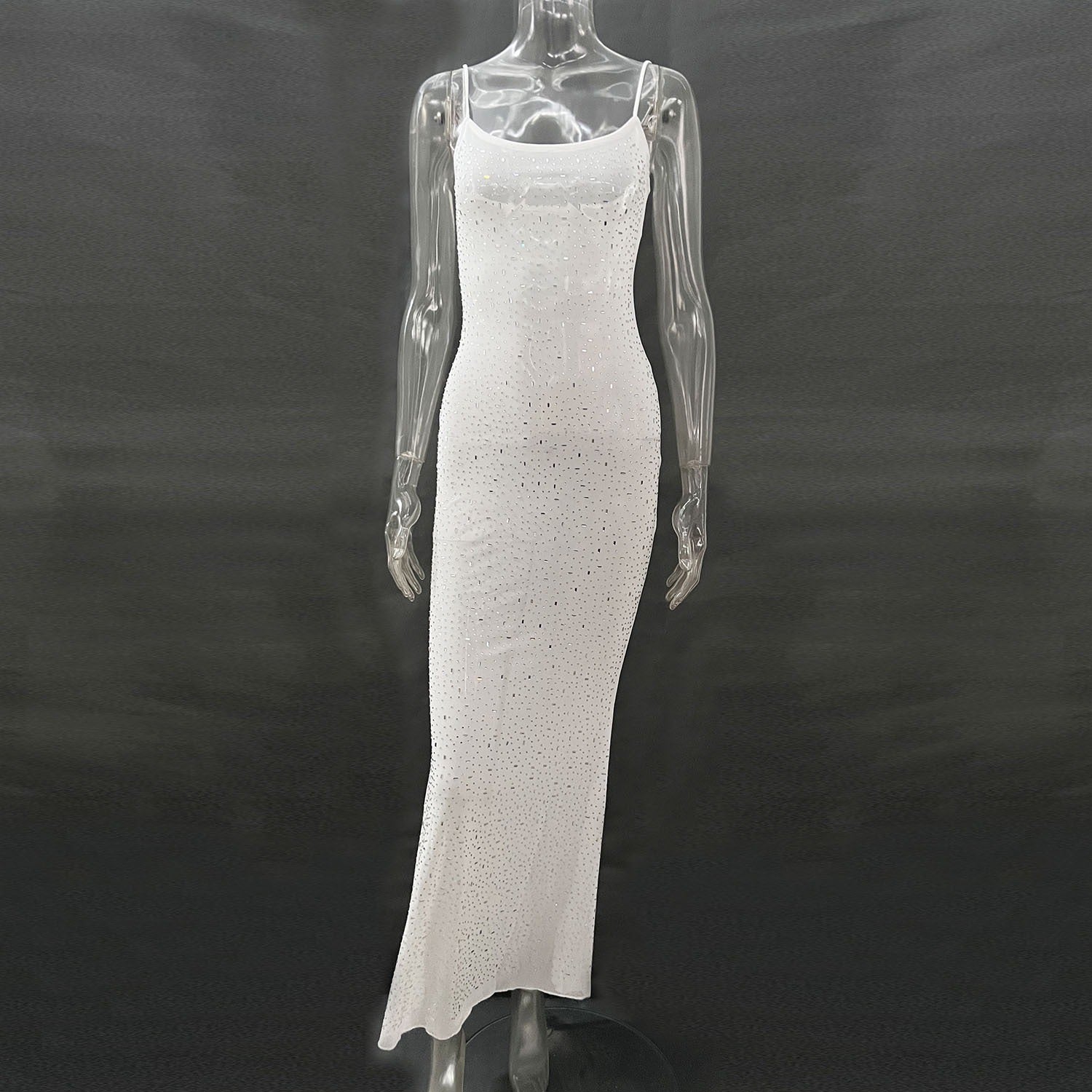 Robe de soirée longue sirène sexy à bretelles avec diamants brillants pour femme