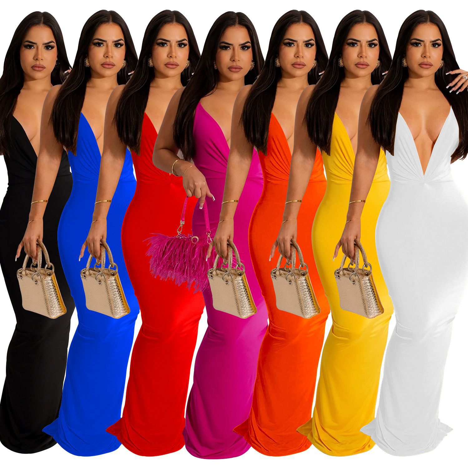 Fashionable Style Solid Color Sleeveless Pleated V-Neck Long Dress for Women