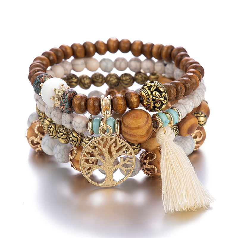 Bracelet Bohème Multicouche en Perles de Bois Extensible Bijoux