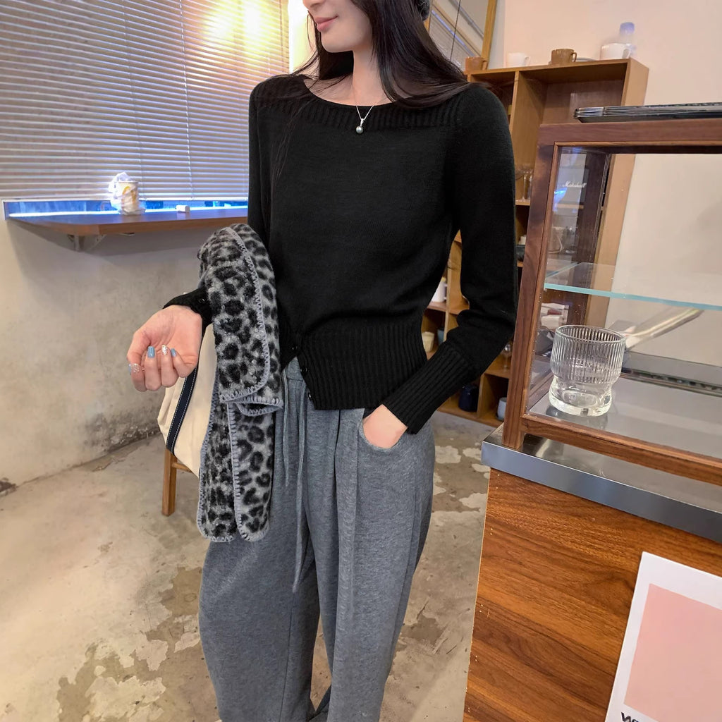 Haut en maille chic, ajusté, boutonné, coupe slim pour femme, coupe courte, manches longues