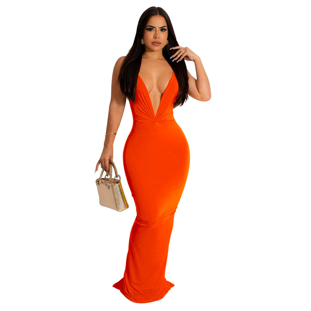 Fashionable Style Solid Color Sleeveless Pleated V-Neck Long Dress for Women
