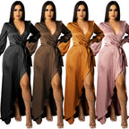 Fashion Sexy Solid Color Women's Deep V-Bandage Long Sleeve Split Maxi Dress