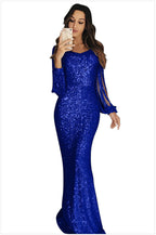 Robe longue femme, robe de soirée, robe de dîner à manches longues et franges
