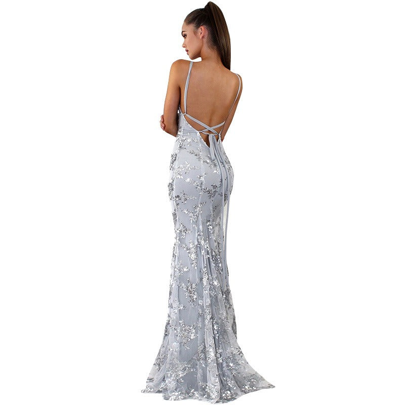 Robe Bretelles Sequins Dos Nu Laçage