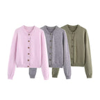 Round neck solid color long sleeved knitted cardigan jacket