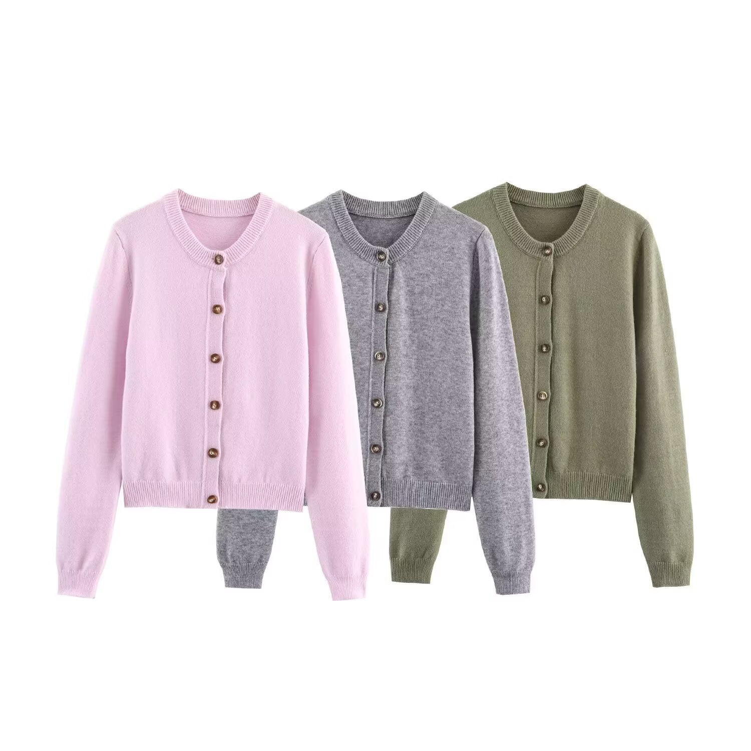 Round neck solid color long sleeved knitted cardigan jacket