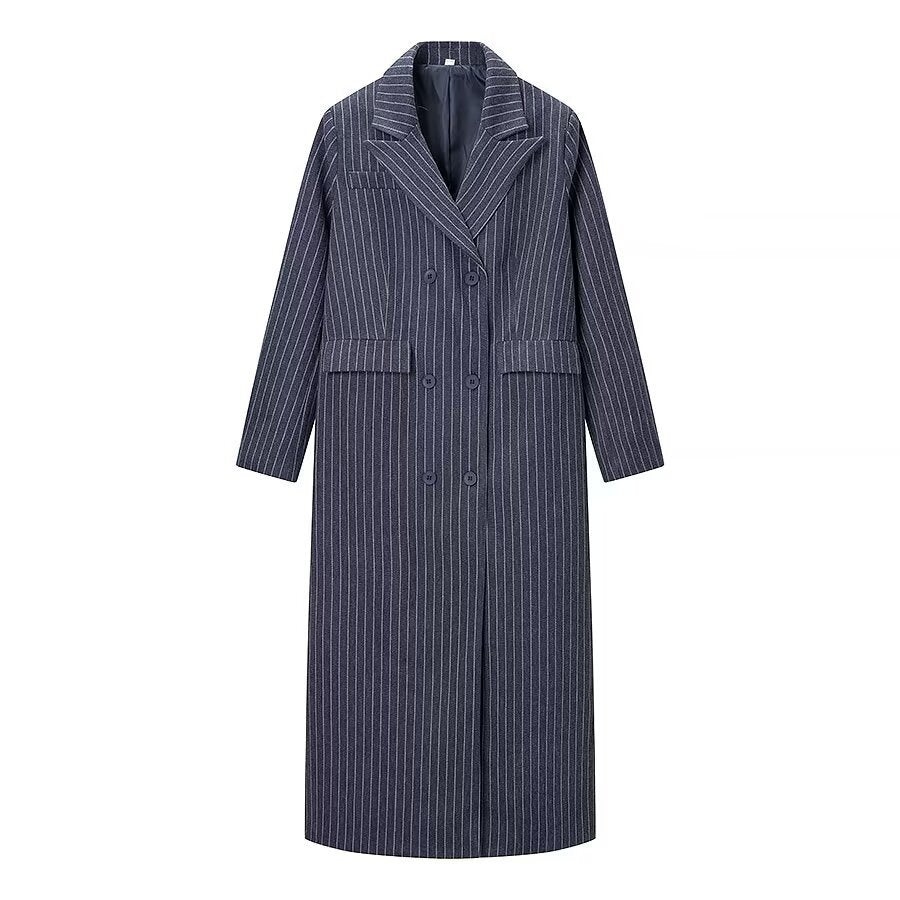 Striped woolen long coat jacket
