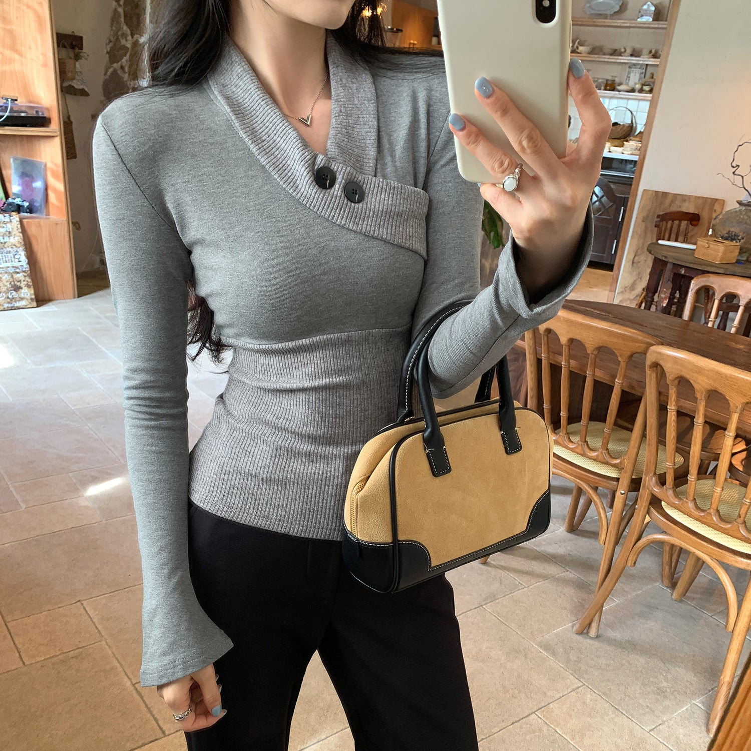 White V-Neck Buttoned Design Knit Top for Women, Slim Fit, Elegant Innerwear