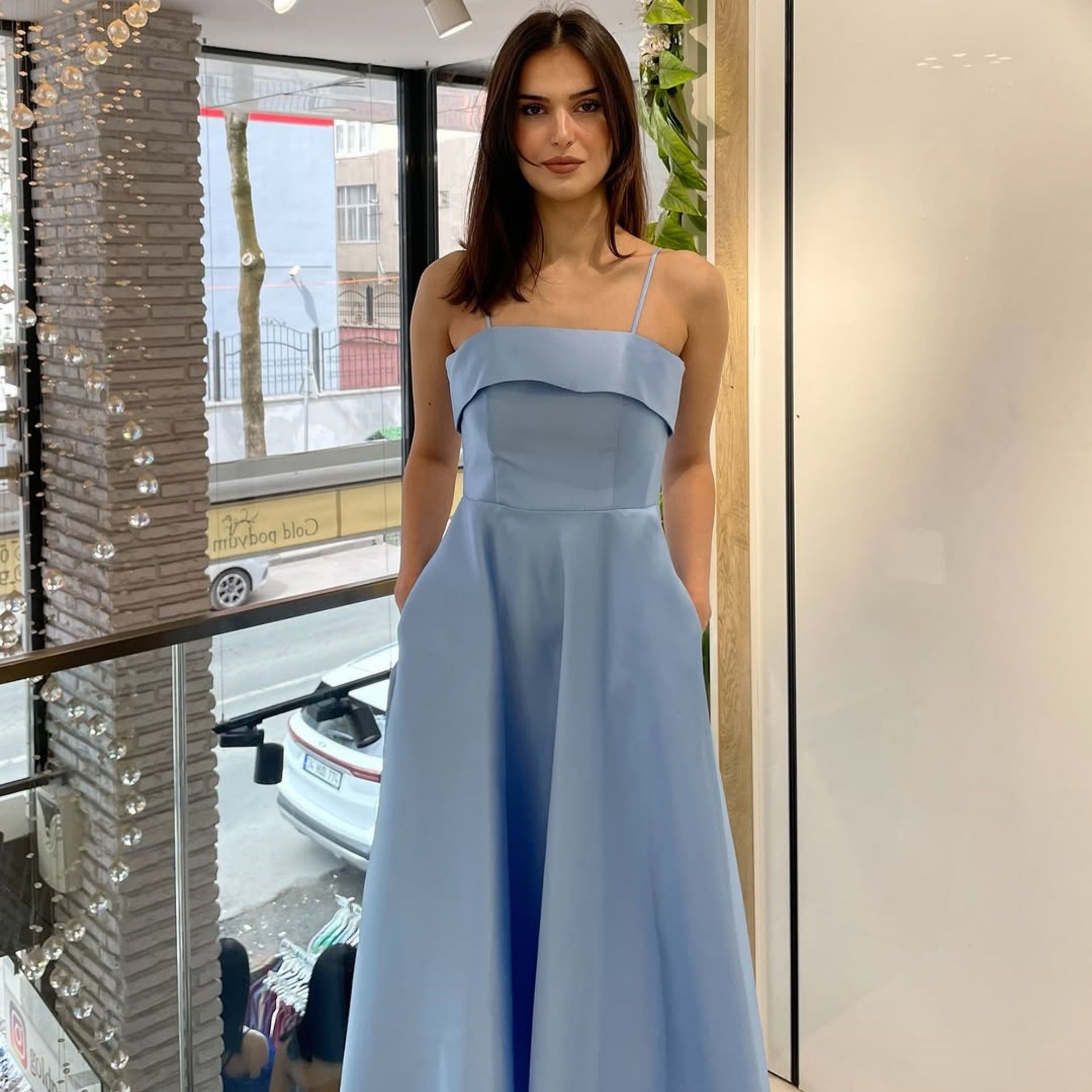 Satin suspender evening dress fashion dress