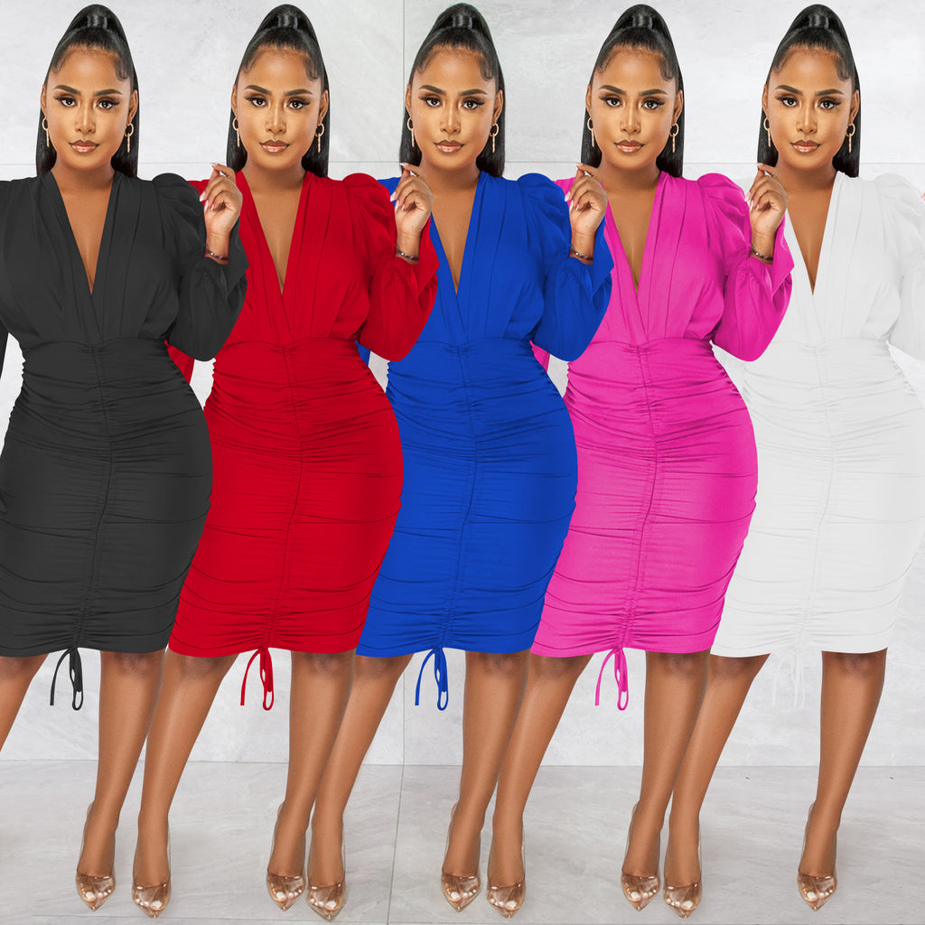 Robe plissée décontractée unie à col en V et manches longues pour femmes