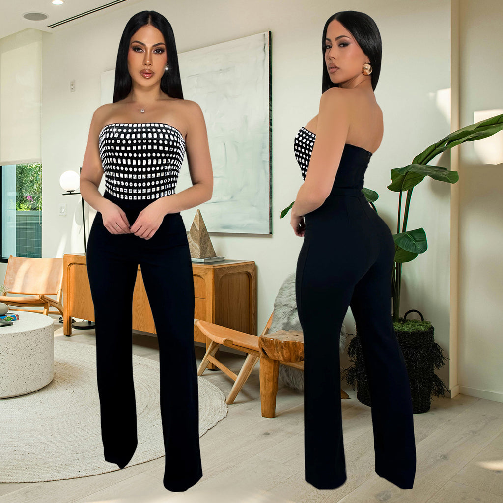 Style Summer Rhinestone Bodysuit, Sexy Strapless, Unique Straight Fit Solid Color Long Pants for Women