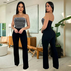 Style Summer Rhinestone Bodysuit, Sexy Strapless, Unique Straight Fit Solid Color Long Pants for Women