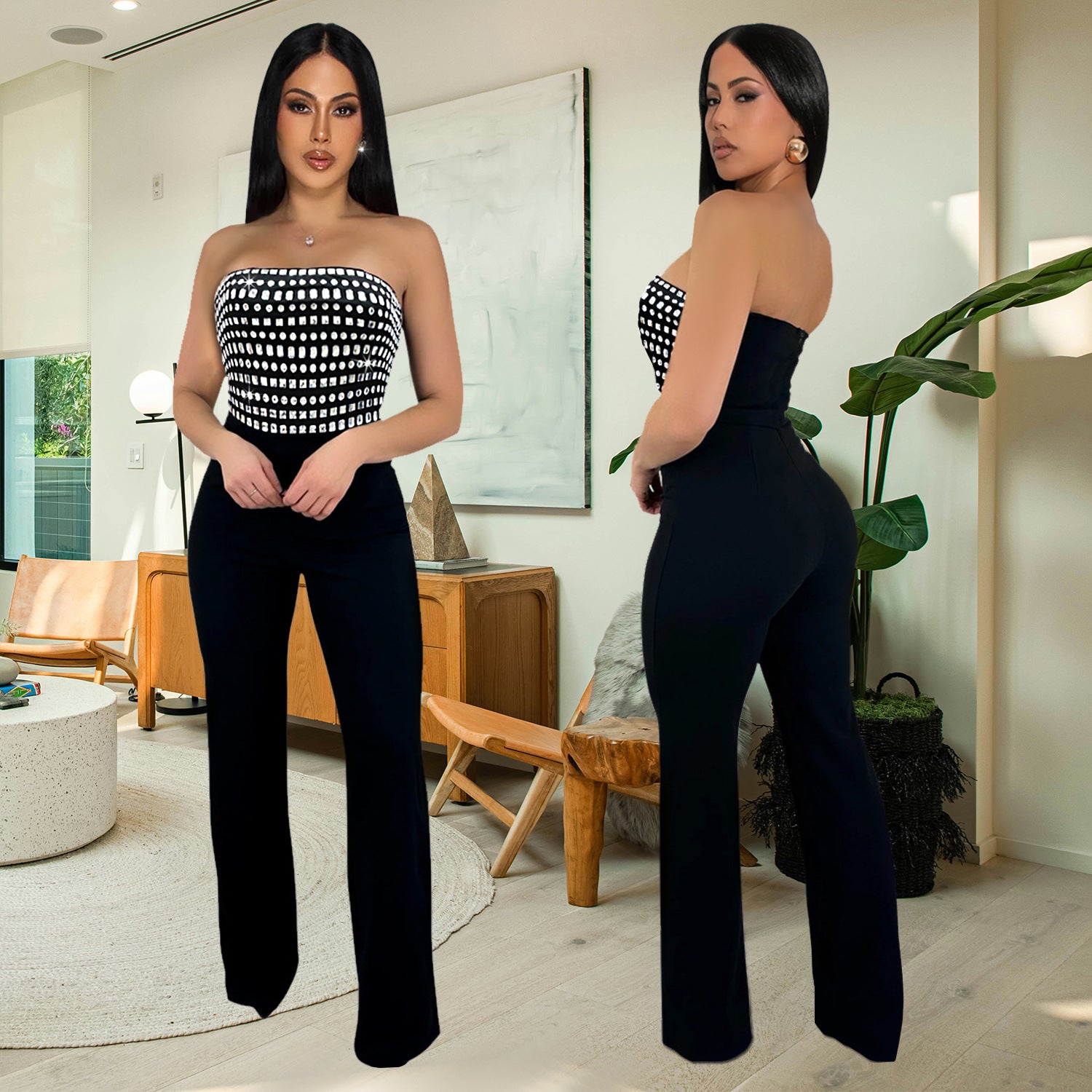 Style Summer Rhinestone Bodysuit, Sexy Strapless, Unique Straight Fit Solid Color Long Pants for Women