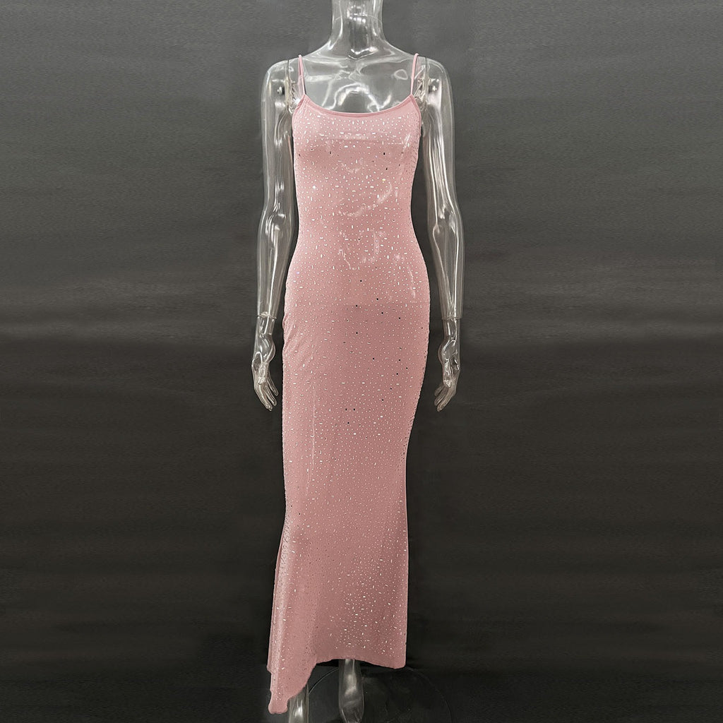 Robe de soirée longue sirène sexy à bretelles avec diamants brillants pour femme