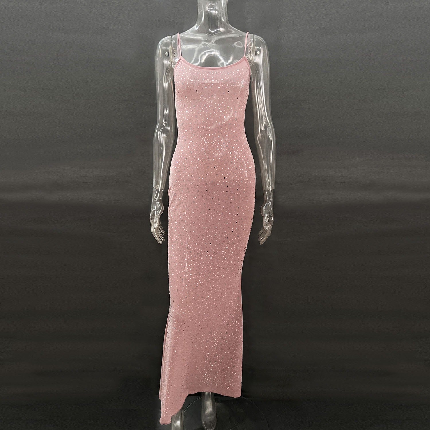 Robe de soirée longue sirène sexy à bretelles avec diamants brillants pour femme