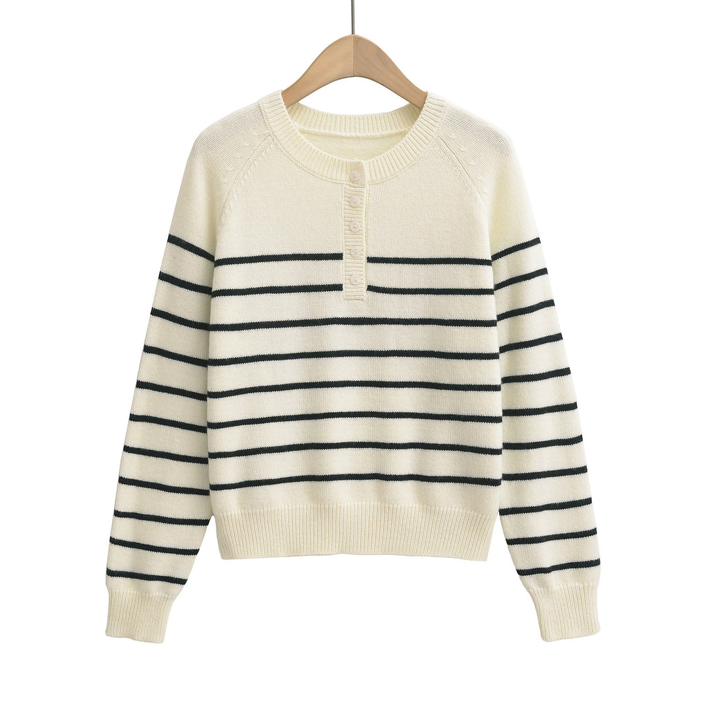 Striped round neck long sleeved loose sweater