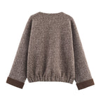 Veste pull en tricot de fil fleuri col rond coupe cocon rétro