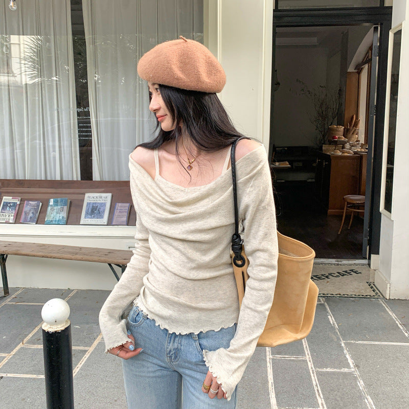 Pure and Gentle Style Pink Off-Shoulder False Two-Piece Knit Bodysuit for Women