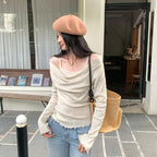 Pure and Gentle Style Pink Off-Shoulder False Two-Piece Knit Bodysuit for Women