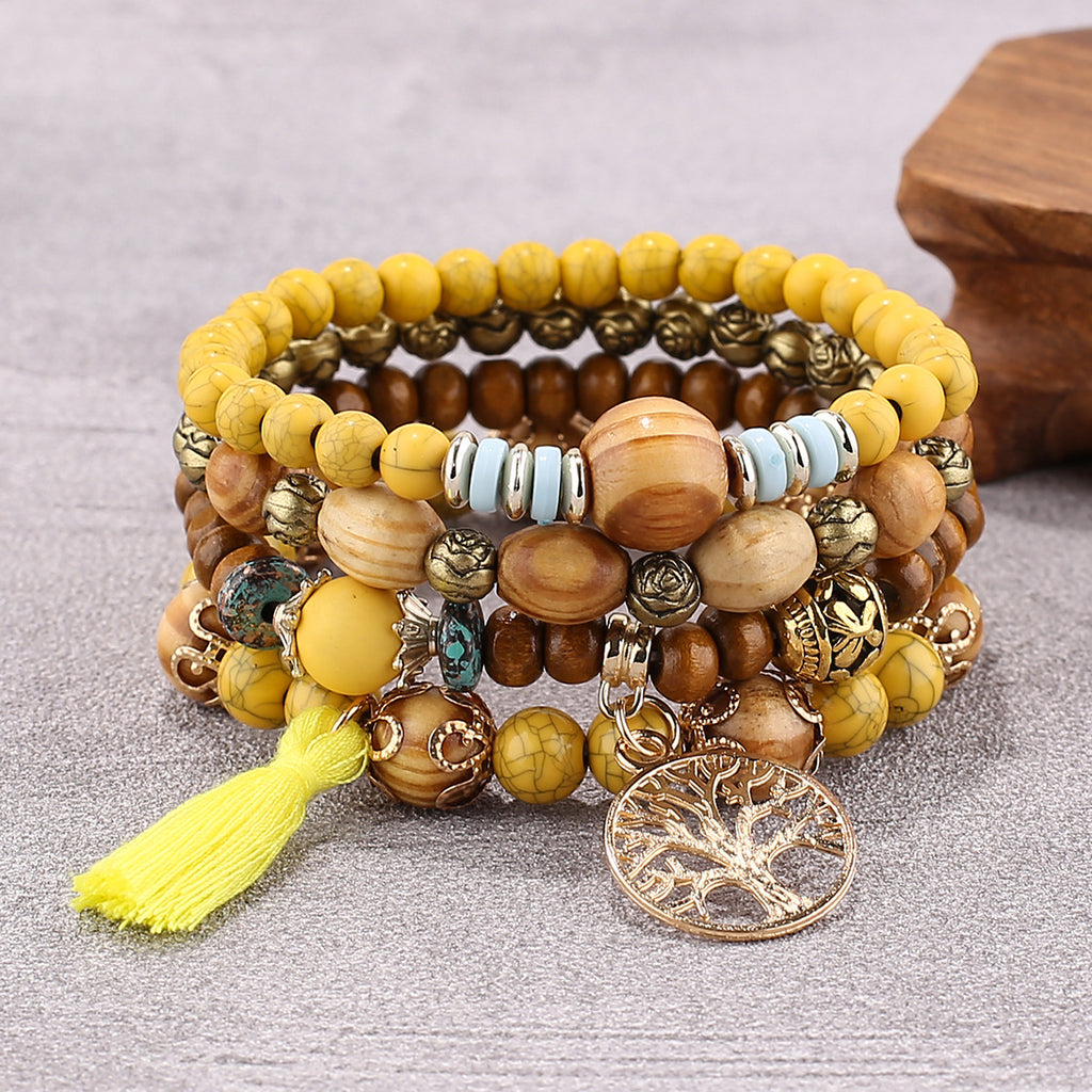 Bracelet Bohème Multicouche en Perles de Bois Extensible Bijoux