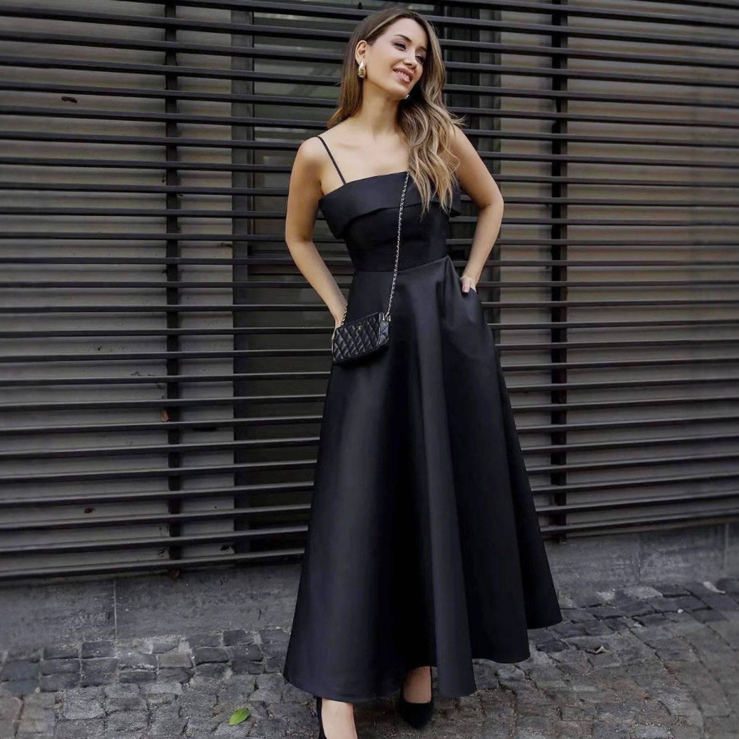 Satin suspender evening dress fashion dress