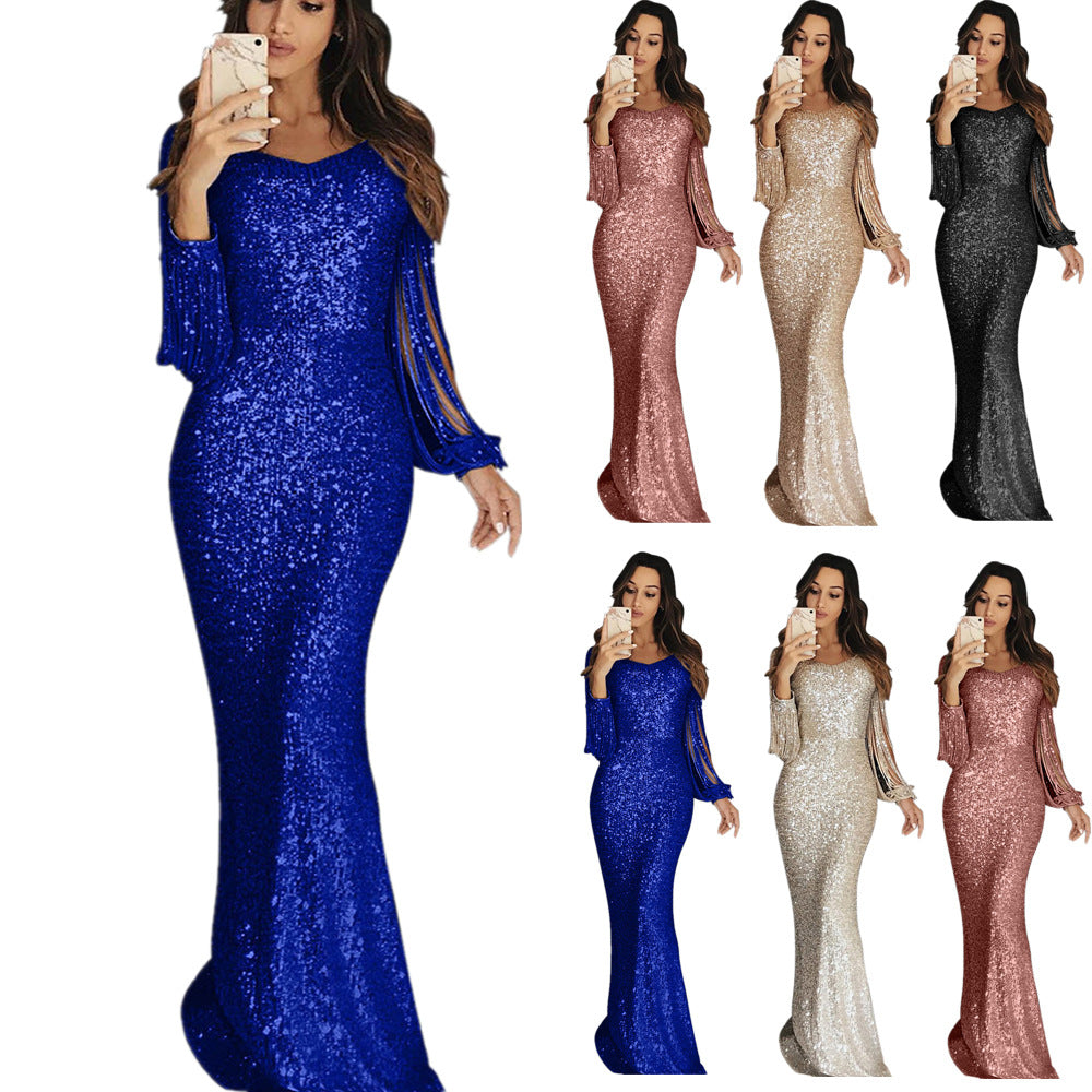 Robe longue femme, robe de soirée, robe de dîner à manches longues et franges