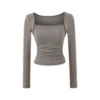 Square neck pleated long sleeved tight fitting T-shirt