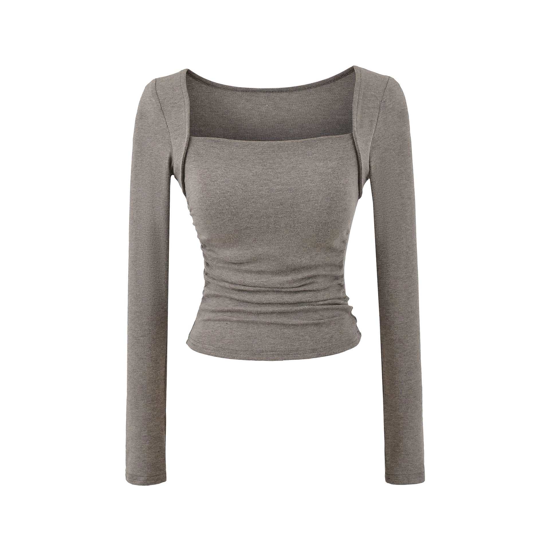 Square neck pleated long sleeved tight fitting T-shirt