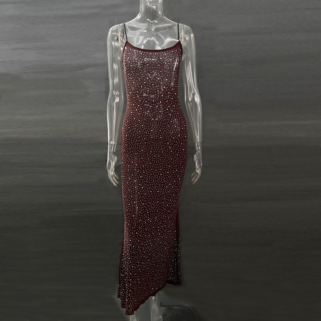 Robe de soirée longue sirène sexy à bretelles avec diamants brillants pour femme