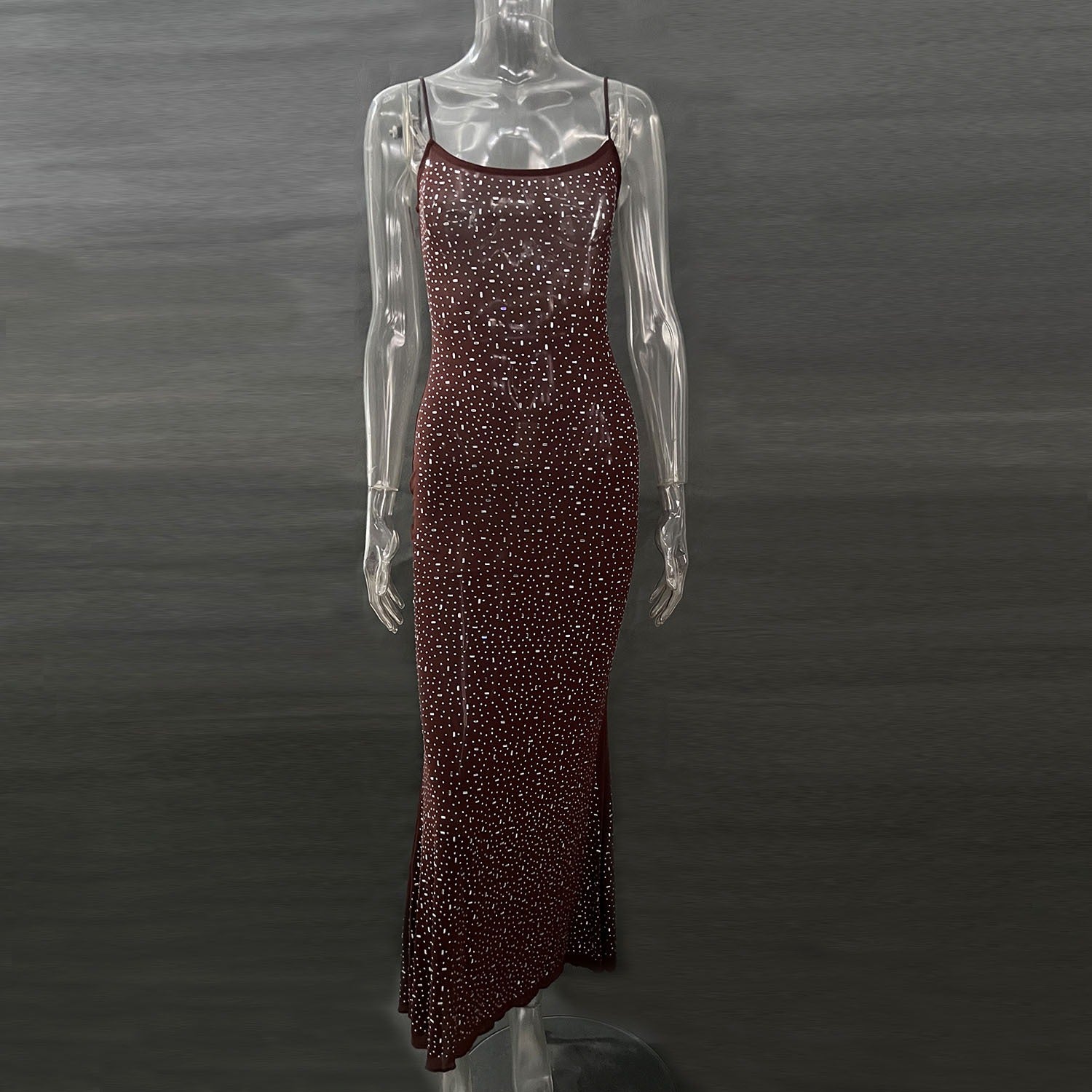 Robe de soirée longue sirène sexy à bretelles avec diamants brillants pour femme