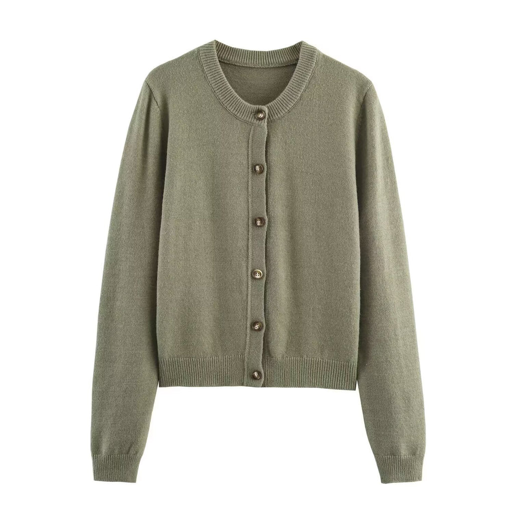 Round neck solid color long sleeved knitted cardigan jacket