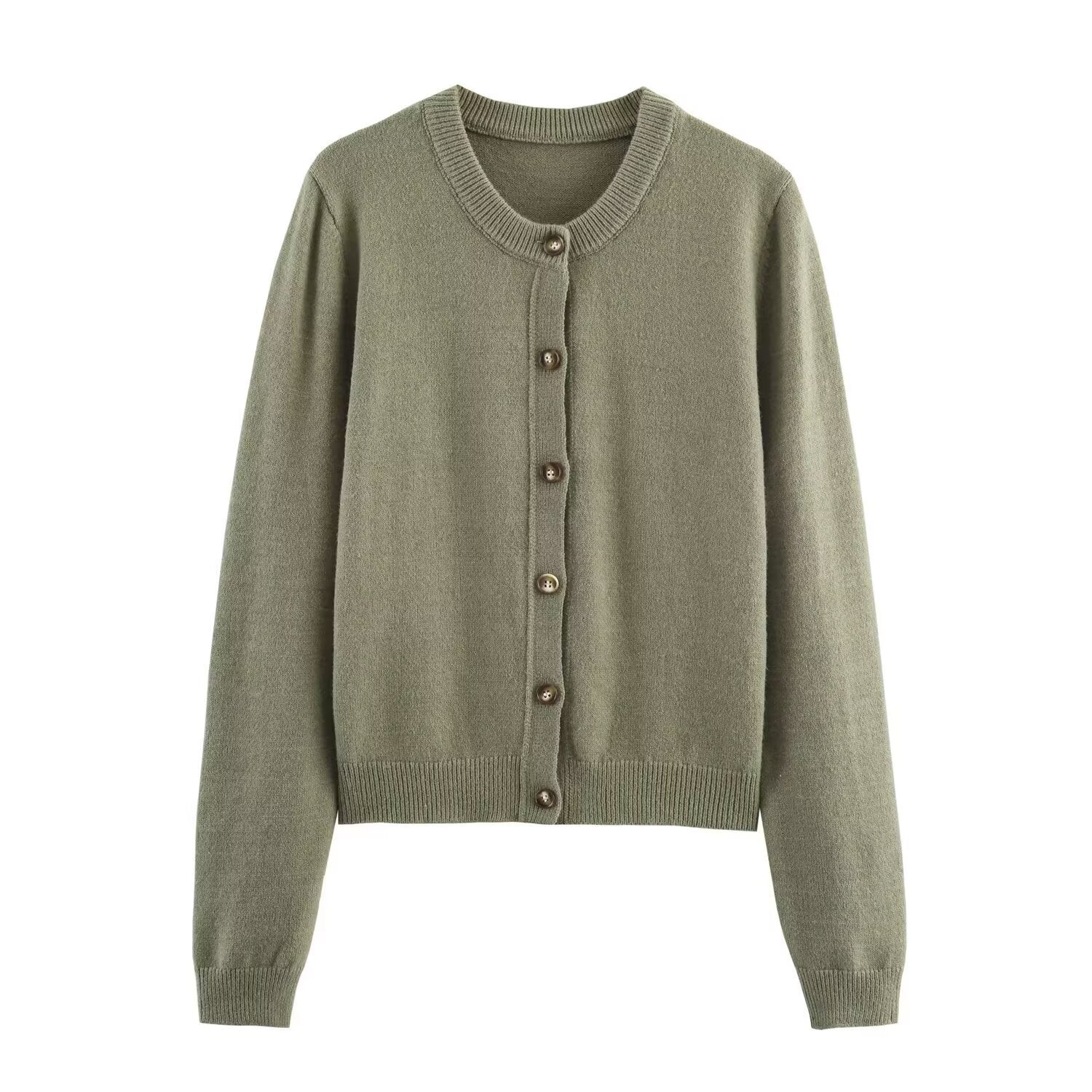 Round neck solid color long sleeved knitted cardigan jacket
