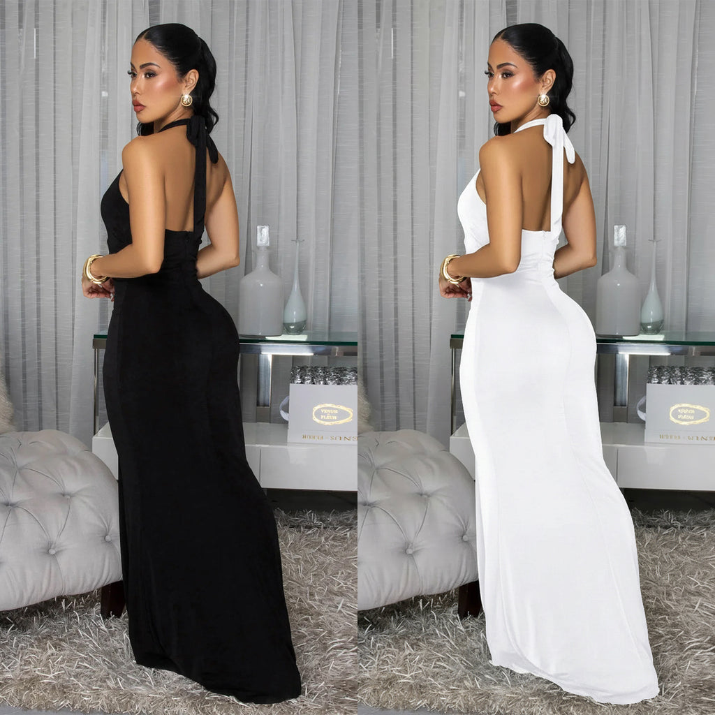 Robe Femme Sexy sans Dos, Col Halter Plongeant, Couleur Unie