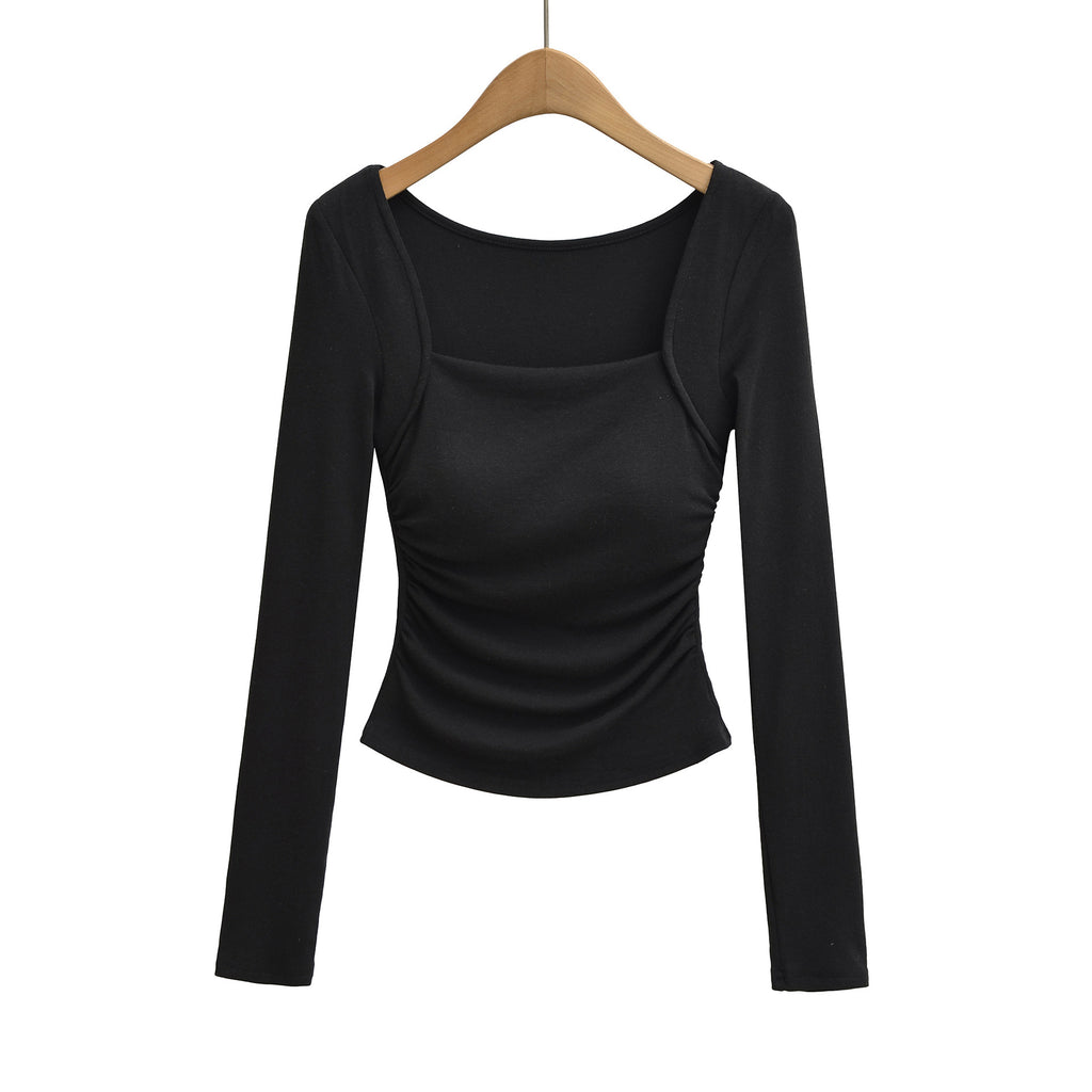 Square neck pleated long sleeved tight fitting T-shirt