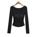 Square neck pleated long sleeved tight fitting T-shirt