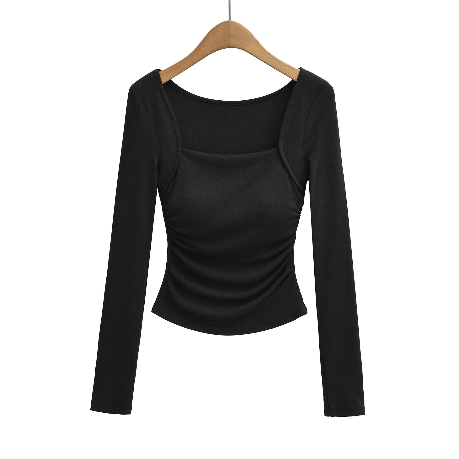 Square neck pleated long sleeved tight fitting T-shirt