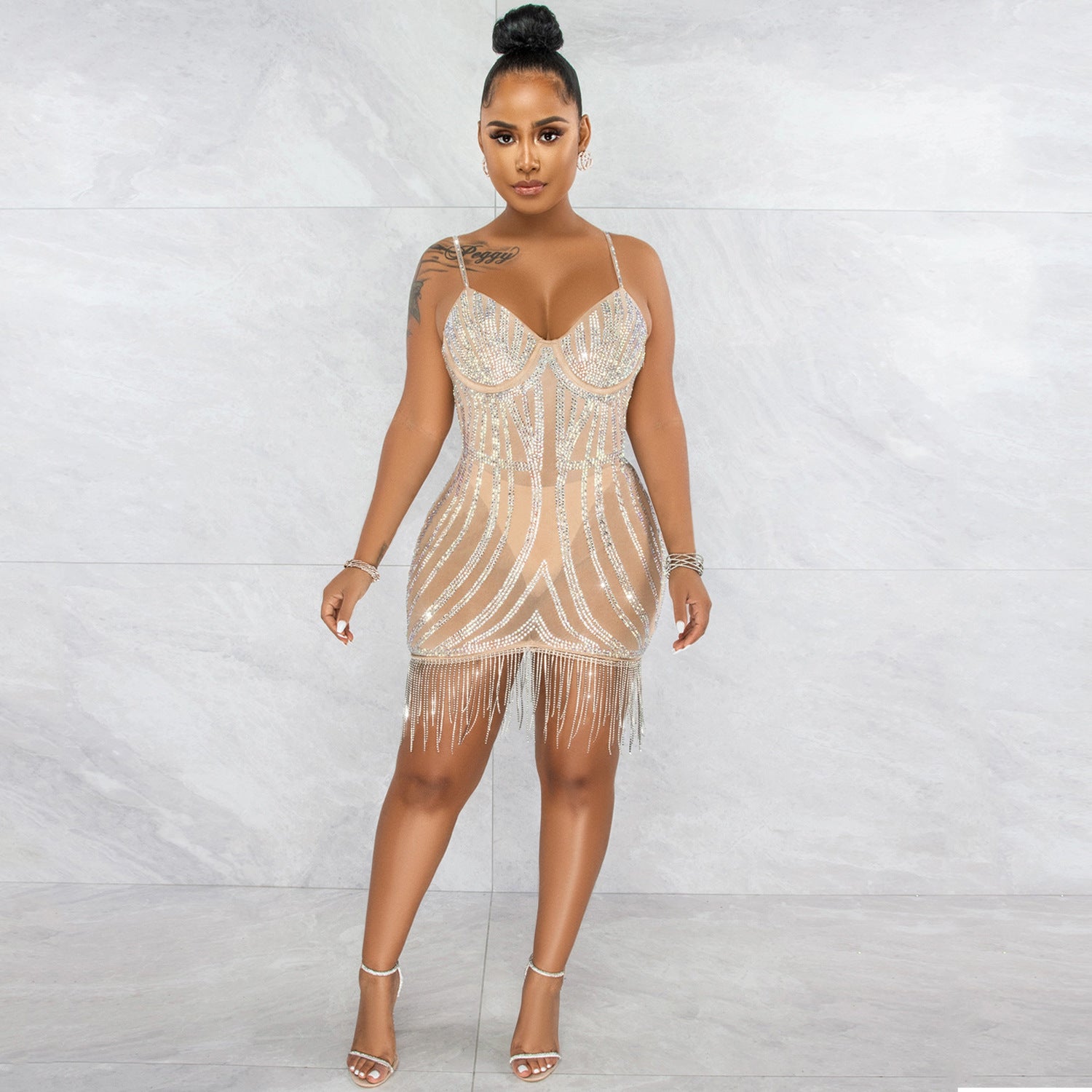 Sexy Embellished Strapless Sleeveless Crop Top Dress with Fringe Details