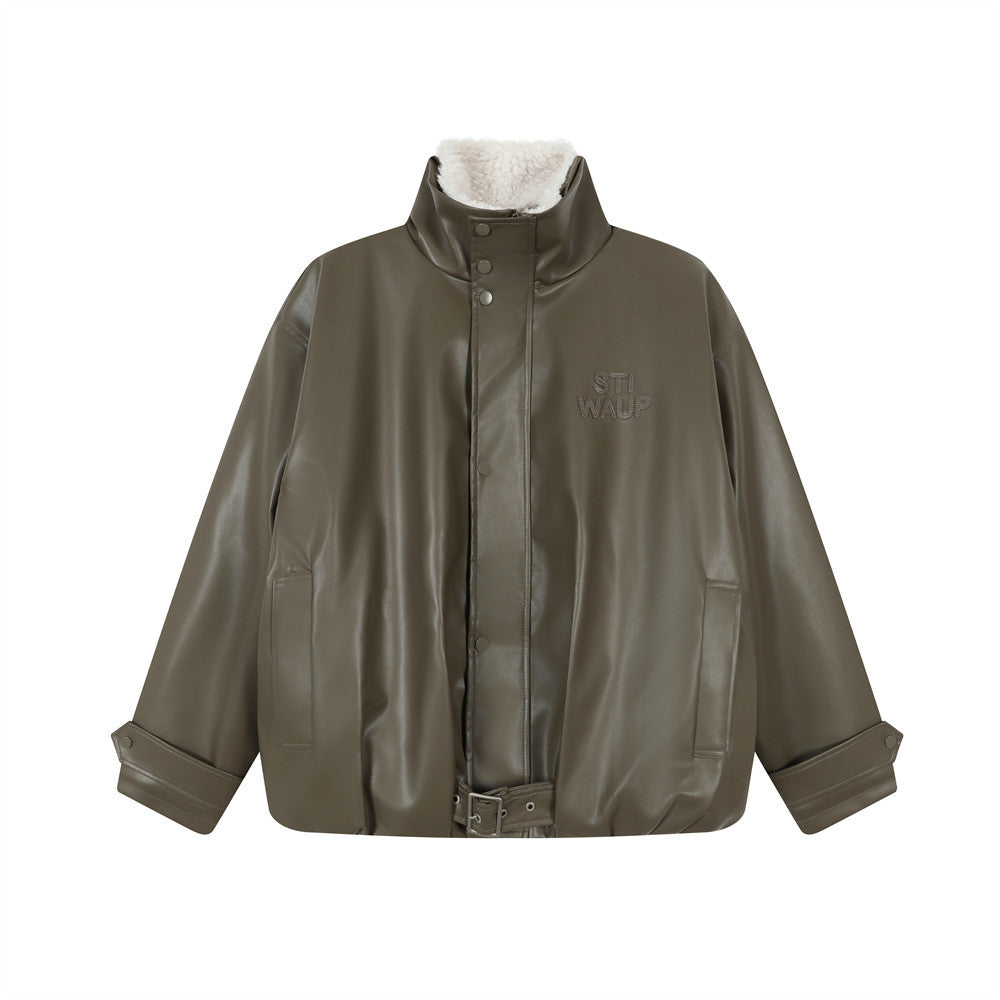 Veste Matelassée Simili Cuir Col Montant