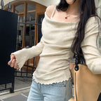 Pure and Gentle Style Pink Off-Shoulder False Two-Piece Knit Bodysuit for Women