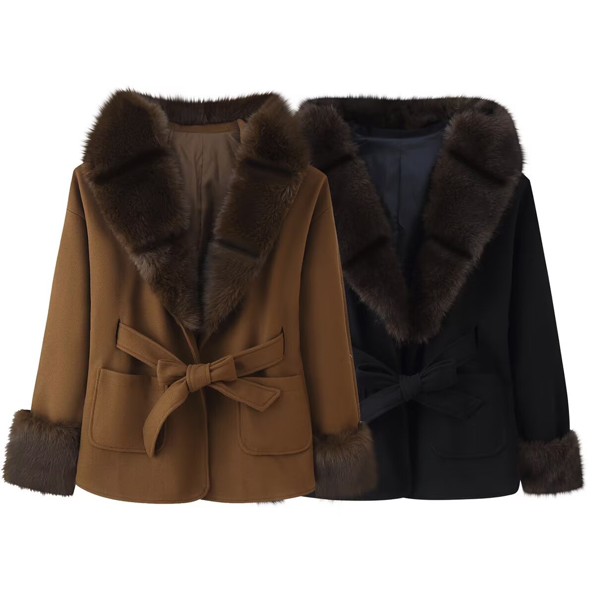 Commuting style elegant fur collar hooded woolen coat