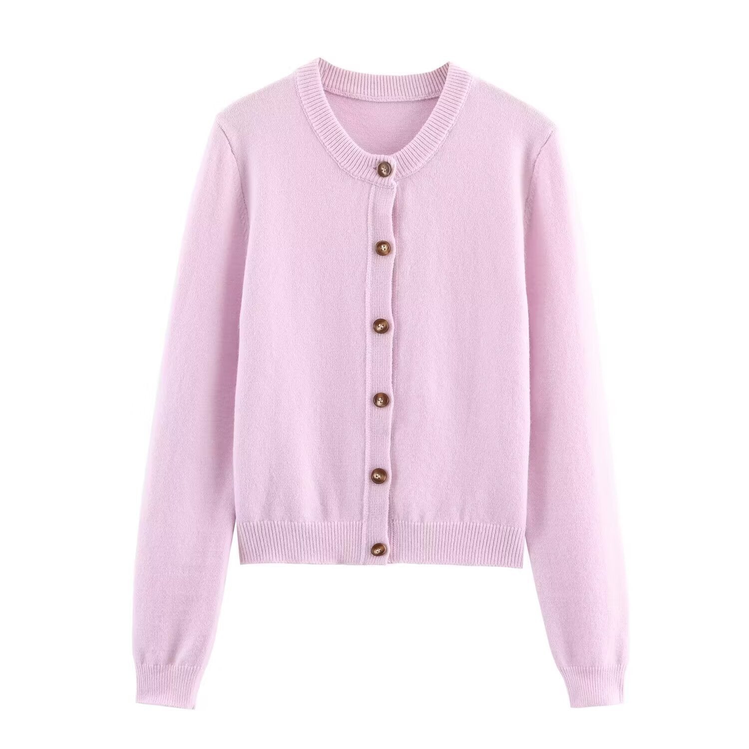 Round neck solid color long sleeved knitted cardigan jacket
