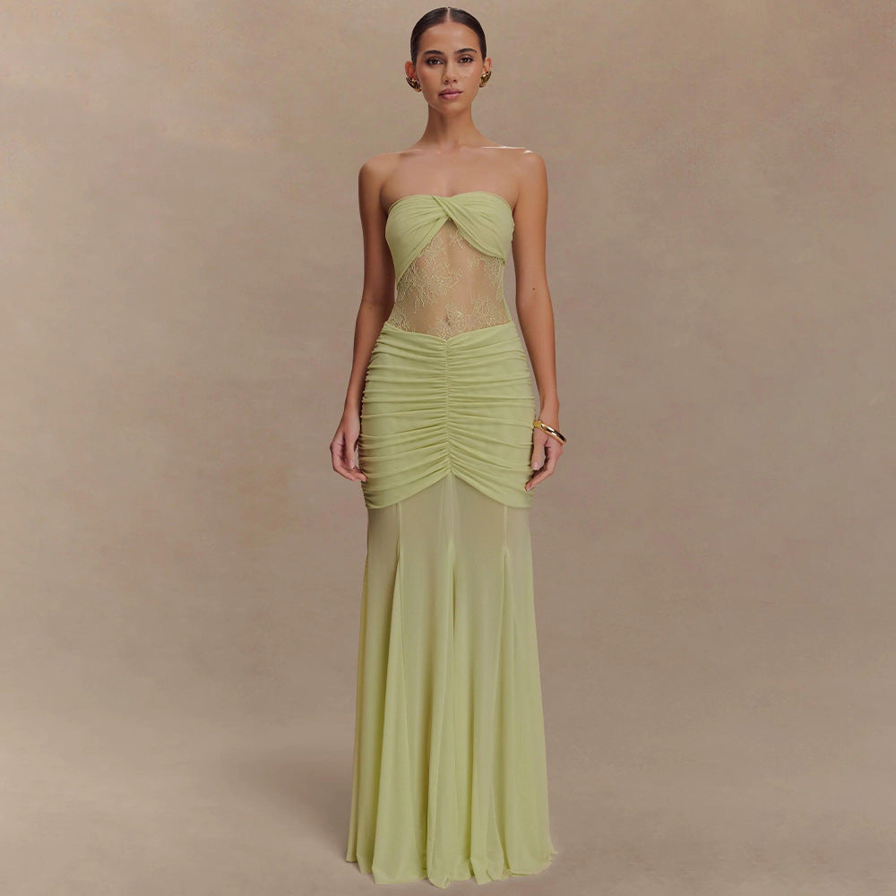 Robe longue bustier plissée transparente pour femme