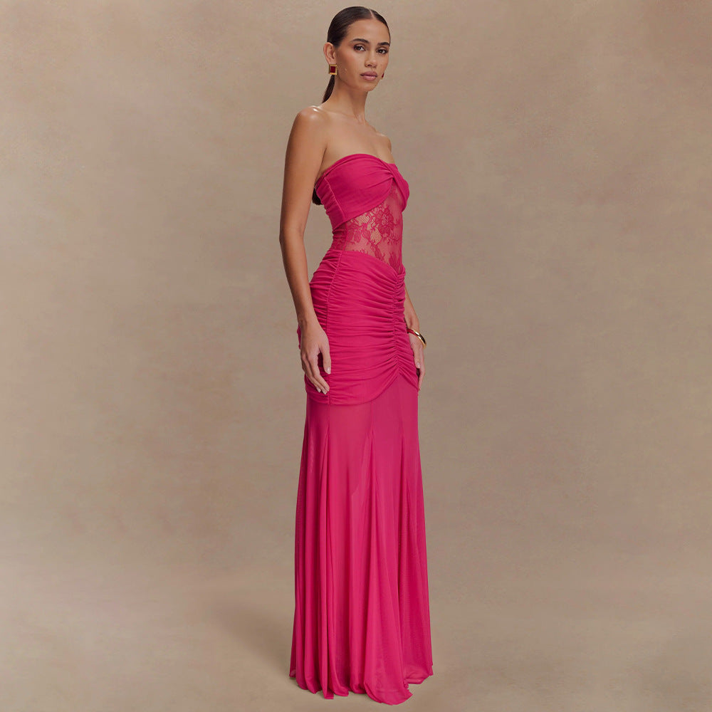 Robe longue bustier plissée transparente pour femme