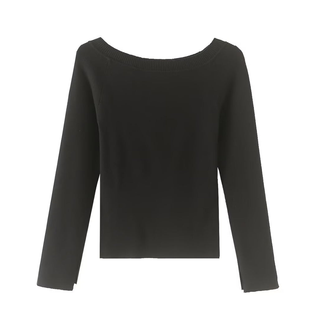 Slanted shoulder open shoulder long sleeved top