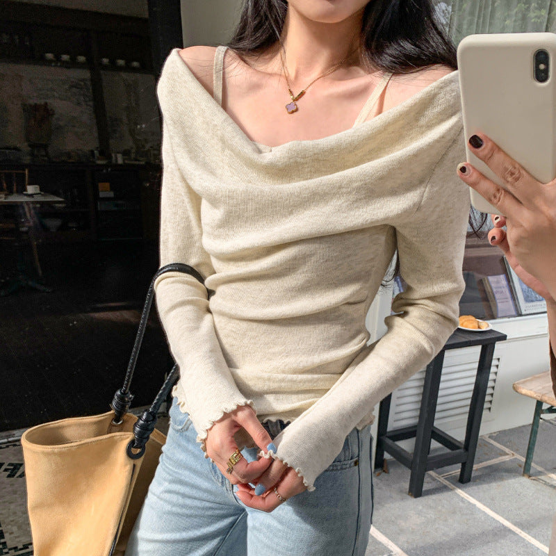 Pure and Gentle Style Pink Off-Shoulder False Two-Piece Knit Bodysuit for Women