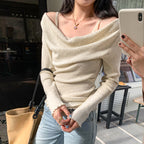 Pure and Gentle Style Pink Off-Shoulder False Two-Piece Knit Bodysuit for Women